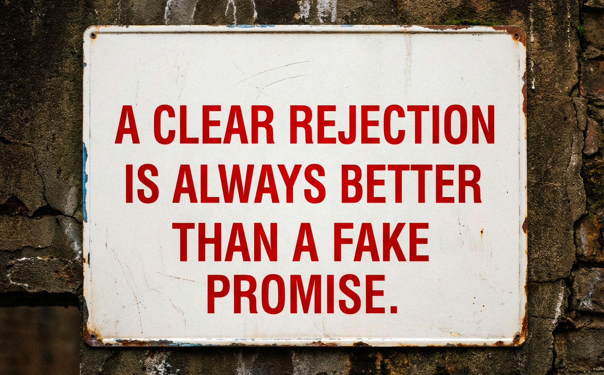 Photo by Maximus Mazar on Unsplash. Photo of a sign that says A clear rejection is always better than a fake promise.