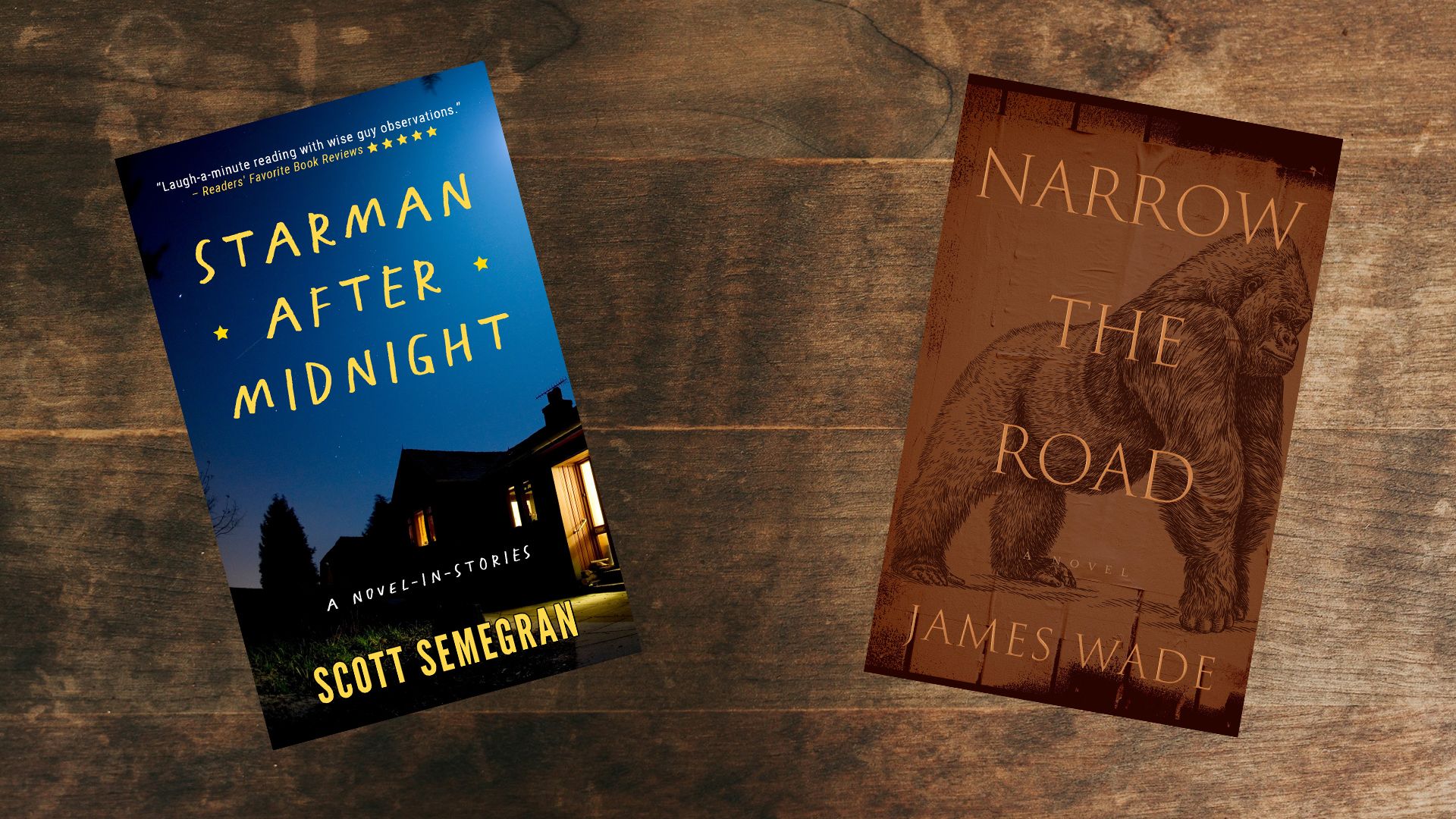 Two books on wood tabletop. Starman After Midnight and Narrow the Road.